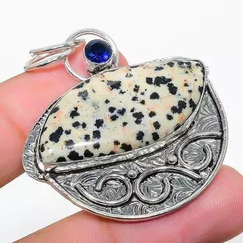Подвеска из серебра 925 пробы с натуральным далматинским яшмой и голубым топазом 1,89 дюйма H4S60