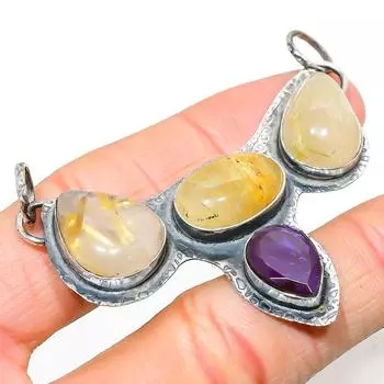 Подвеска из серебра 925 пробы с натуральным золотым рутилом и аметистом 2,09 дюйма j5R56