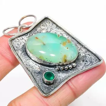 Подвеска из серебра 925 пробы с натуральным хризопразом и диопсидом 1,97 дюйма B5Z07