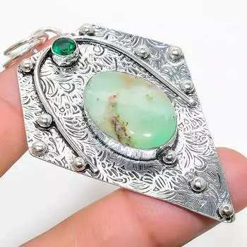 Подвеска из серебра 925 пробы с натуральным хризопразом и диопсидом 2,80 дюйма v9B92