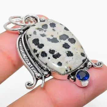 Подвеска из серебра 925 пробы с натуральным далматинским яшмой и голубым топазом 1,97 дюйма N0M39