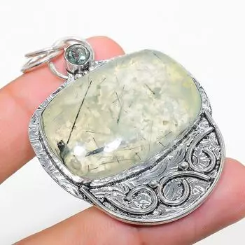 Подвеска из серебра 925 пробы с натуральным пренитом и голубым топазом 2,36 дюйма Y4H81