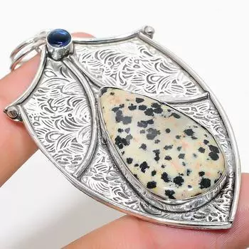 Подвеска из серебра 925 пробы с натуральным далматинским яшмой и голубым топазом 2,88 дюйма L5o93