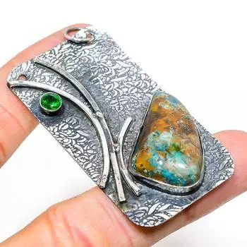 Подвеска из серебра 925 пробы с натуральным хризоколлой и диопсидом 2,64 дюйма j3w70