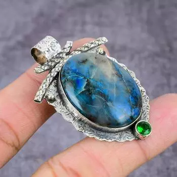 Подвеска из серебра 925 пробы с натуральным лабрадоритом и диопсидом 2,25 дюйма g1I65