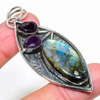 Подвеска из серебра 925 пробы с натуральным лабрадоритом и аметистом 2,80 дюйма C2a25