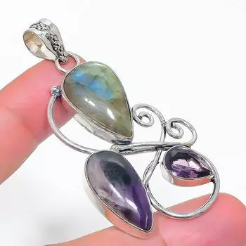 Подвеска из серебра 925 пробы с натуральным лабрадоритом и аметистом 2,36 дюйма t6i30