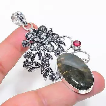 Подвеска из серебра 925 пробы с натуральным лабрадоритом и гранатом 3,11 дюйма Z5N16