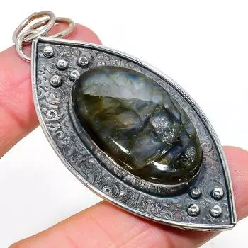 Подвеска из серебра 925 пробы с натуральным лабрадоритом ручной работы 2,92 дюйма B8S50