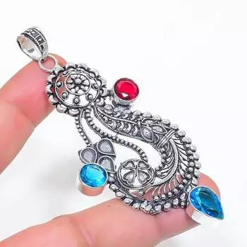 Подвеска из серебра 925 пробы с натуральным голубым топазом и гранатом 3,39 дюйма C7R44