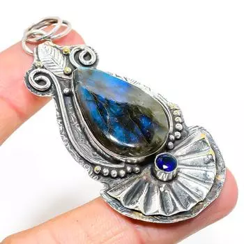 Подвеска из серебра 925 пробы с натуральным лабрадоритом, голубым топазом 2,96 дюйма d0i23