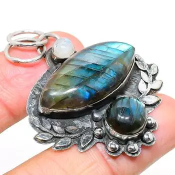 Подвеска из серебра 925 пробы с натуральным лабрадоритом, лунным камнем 2,01 дюйма a8o25