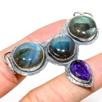 Подвеска из серебра 925 пробы с натуральным лабрадоритом и аметистом 2,17 дюйма j5V96