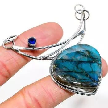 Подвеска из серебра 925 пробы с натуральным лабрадоритом, голубым топазом, 2,96 дюйма, w7I93