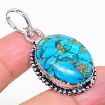Подвеска из серебра 925 пробы с натуральным медно-голубым бирюзовым драгоценным камнем 1,85 дюйма G8z39