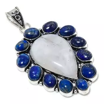 Подвеска из серебра 925 пробы с радужным лунным камнем и лазуритом 2,76 дюйма b8c96