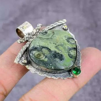 Подвеска из серебра 925 пробы с рубиновым циоситом и диопсидом, созданная в лаборатории, 2,3 дюйма E2Z49