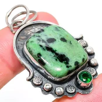 Подвеска из серебра 925 пробы с рубиновым цоситом и диопсидом, созданная в лаборатории, 2,05 дюйма, h9y14