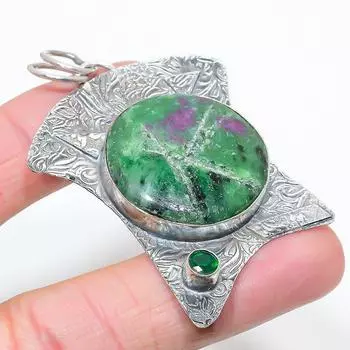 Подвеска из серебра 925 пробы с рубиновым цоситом и диопсидом, созданная в лаборатории, 2,60 дюйма, q1W47