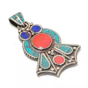 Подвеска из серебра 925 пробы с тибетской бирюзой и лазуритом 2,56 дюйма Q3z41