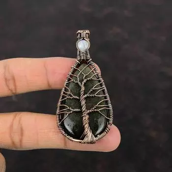 Подвеска из серебряного обсидиана «Дерево жизни», подвеска из медной проволоки, подвеска из радужного лунного камня, ювелирное изделие из драгоценных камней и меди, кулон ручной работы