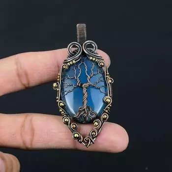 Подвеска из синего халцедона «Дерево жизни», подвеска из медной проволоки, драгоценный камень халцедон, медная подвеска ручной работы, подарок для нее, ювелирные изделия из халцедона синий