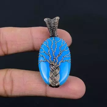 Подвеска из синего халцедона «Дерево жизни», подвеска из медной проволоки, драгоценный камень халцедон, медная подвеска ручной работы, подарок для нее, ювелирные изделия из халцедона синий