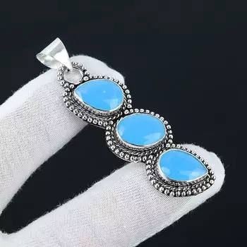 Подвеска из синего халцедона, Подвеска из стерлингового серебра 925 пробы с драгоценным камнем, Драгоценный камень из синего халцедона, Подарки ручной работы, Ювелирные изделия ручной работы для подарков для нее 2.55 синий