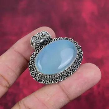 Подвеска из синего халцедона, серебряная подвеска 925 пробы, подвеска ручной работы с драгоценными камнями, изумительные украшения на День благодарения 1.50 Inches синий