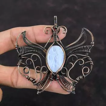 Подвеска из синего кружева с агатом, подвеска из медной проволоки, медные украшения ручной работы, подвеска из натурального драгоценного камня, изысканная подвеска-бабочка, подарки для мамы