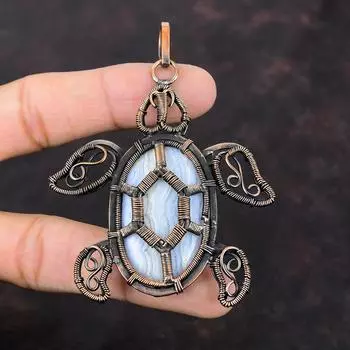 Подвеска из синего кружева с агатом, подвеска из медной проволоки, медные украшения ручной работы, удивительная подвеска в виде черепахи, проволочная обмотка, ювелирные изделия из драгоценного камня, подарок для него