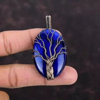 Подвеска из синего огненного лабрадорита «Дерево жизни», подвеска из медной проволоки, подвеска ручной работы, медное ювелирное украшение в подарок маме, подвеска из настоящего драгоценного камня