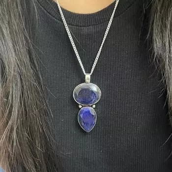 Подвеска из синего сапфира с серебряным ожерельем-цепочкой из стерлингового серебра 925 пробы