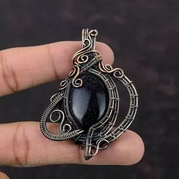 Подвеска из синего солнечного камня, медная проволока, обернутая драгоценным камнем, подвеска из проволочной обмотки, ювелирная подвеска для подарка, подвеска ручной работы, уникальный медный дизайн, ювелирные изделия