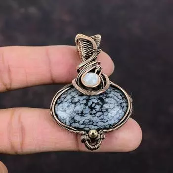 Подвеска из снежинки с обсидианом, медная проволока, кулон с драгоценным камнем, Радуга, ювелирные изделия из лунного камня, кулон ручной работы в стиле бохо, медные украшения, подарок для него