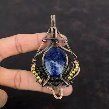 Подвеска из содалита, медная проволочная обертка, содалитовая медная бижутерия, изящная подвеска из драгоценного камня, подарок для нее, проволочная обертка, подвеска ручной работы