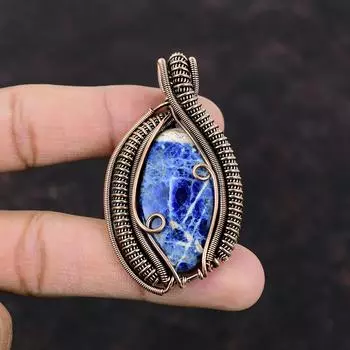 Подвеска из содалита, медная проволока, кулон с драгоценным камнем, уникальный медный дизайн, ювелирные изделия, приличный кулон ручной работы, ювелирное изделие, завернутое в проволоку, подарок для нее