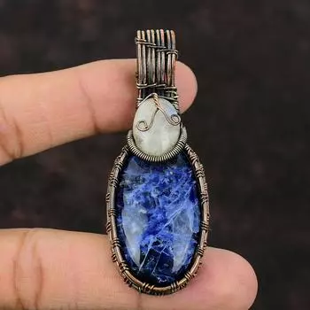 Подвеска из содалита, медная проволока, обернутая подвеска, ювелирные изделия из драгоценных камней, Радуга, подвеска из лунного камня, ювелирное изделие в проволочной обертке, подарок для женщин, подвеска ручной работы