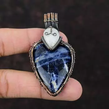 Подвеска из содалита Медная проволока Подвеска в обертке Ювелирные изделия из драгоценных камней Подвеска из радужного лунного камня Завернутые ювелирные изделия Подвеска ручной работы Дизайнерская подвеска