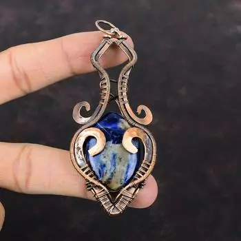 Подвеска из содалита, медная проволока, ювелирные изделия, кулон ручной работы, драгоценный камень, медный кулон, ювелирные изделия из содалита, кулон в этническом стиле, подарок на годовщину