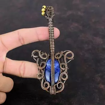 Подвеска из содалита, обернутая медной проволокой, подвеска из драгоценного камня, ювелирное изделие ручной работы, подвеска в виде гитары, подарок для мамы, очень красивое медное ювелирное изделие