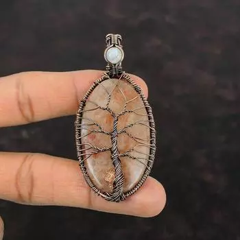 Подвеска из солнечного камня «Дерево жизни», подвеска из медной проволоки, подвеска из радужного лунного камня, подвеска из драгоценного камня ручной работы, подарок для матери, ювелирные изделия из меди