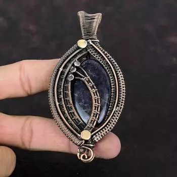 Подвеска из солнечного камня иолита, медная проволочная обертка, подвеска из настоящего драгоценного камня, антикварная медная бижутерия, подвеска ручной работы, проволочная обертка, ювелирные изделия для подарка