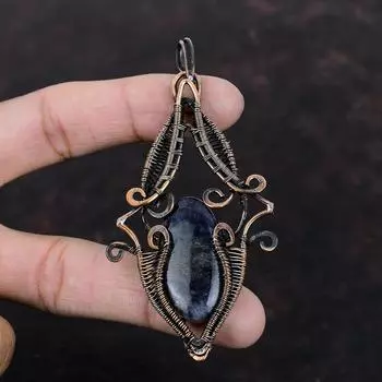 Подвеска из солнечного камня иолита, медная проволочная обертка, ювелирные изделия из солнечного камня иолита, красивая подвеска из драгоценного камня, медные украшения ручной работы, подарок для нее