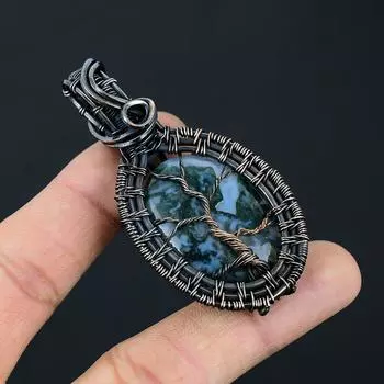 Подвеска из стерлингового серебра 925 пробы Древо жизни с моховым агатом и драгоценным камнем ручной работы для нее 2.76 Inches синий
