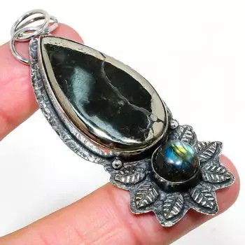Подвеска из стерлингового серебра 925 пробы, натуральный пирит, агат, лабрадорит, 2,96 дюйма, h1A75