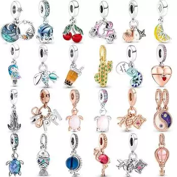 Подвеска из стерлингового серебра 925 пробы, попугай, хамелеон, ломтик лимона, розовая морская черепаха, подвеска для скутера, бусина, подходит для популярного браслета, ювелирные изделия своими руками