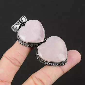 Подвеска из стерлингового серебра 925 пробы ручной работы с розовым кварцем, подвеска с драгоценным камнем из розового кварца в форме сердца, подвеска с двойным драгоценным камнем, подарки для женщин 2.45 розовый