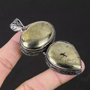 Подвеска из стерлингового серебра 925 пробы ручной работы с золотым драгоценным камнем из пирита, подвеска из драгоценного камня с двойным пиритом, ожерелье с подвеской из пирита для женщин 2.45 чёрный/золотой