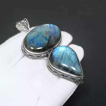 Подвеска из стерлингового серебра 925 пробы с синим лабрадоритом ручной работы, подвеска с двойным лабрадоритом, подвеска из натурального драгоценного камня для подарков 2.75 синий
